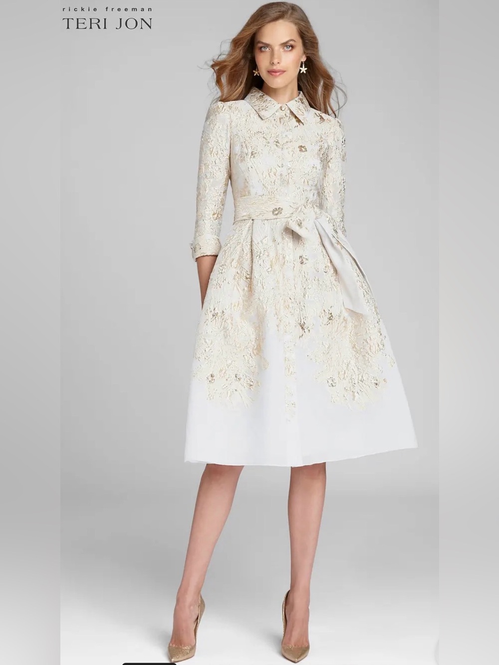 Teri Jon Rickie Freeman metallic jacquard tea length shirt dress
